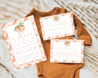 Plantilla de invitación para baby shower "dulce como un melocotón", invitación para baby shower "melocotón", invitación para baby shower "fruta", imprimible "A Little Peach Baby"
