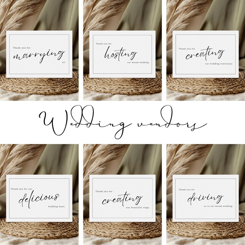May include: Six white cards with black text on a light brown background. The cards say "Thank you for marrying us", "Thank you for hosting our dream wedding", "Thank you for creating our wedding stationery", "Thank you for our delicious wedding feast", "Thank you for creating our beautiful rings", and "Thank you for driving us to our dream wedding".