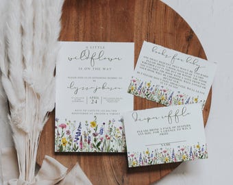 Inbjudan till babyshower med blommotiv, vår- och sommarmotiv, handritad inbjudan till babyshower