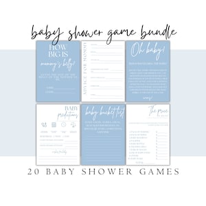 May include: A set of blue and white printable baby shower game cards. The cards feature games such as "How Big is Mommy's Belly?", "Baby Bucket List", "The Price is Right", and "Advice for Mommy".