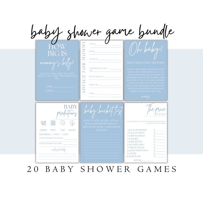 May include: A set of blue and white printable baby shower game cards. The cards feature games such as "How Big is Mommy's Belly?", "Baby Bucket List", "The Price is Right", and "Advice for Mommy".