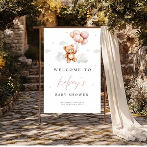Editable Brown Bear Balloon Baby Shower Welcome Sign, We Can Bearly Wait Baby Shower Poster, Pink Boho Bear Girl Baby Shower Decor