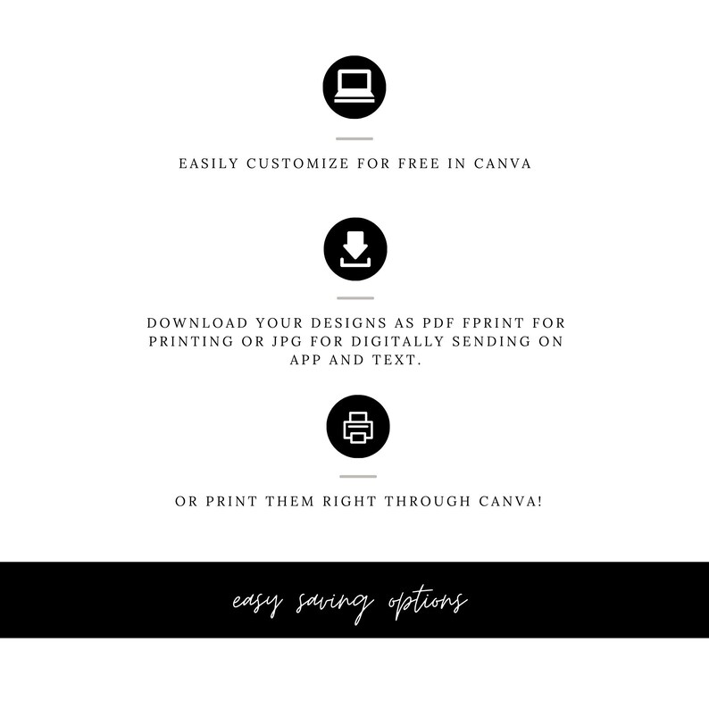 May include: A graphic showing three icons representing easy ways to save digital designs. The first icon is a laptop, the second is a download arrow, and the third is a printer. The text reads "EASILY CUSTOMIZE FOR FREE IN CANVA", "DOWNLOAD YOUR DESIGNS AS PDF FPRINT FOR PRINTING OR JPG FOR DIGITALLY SENDING ON APP AND TEXT", and "OR PRINT THEM RIGHT THROUGH CANVA!" The text at the bottom reads "easy saving options".