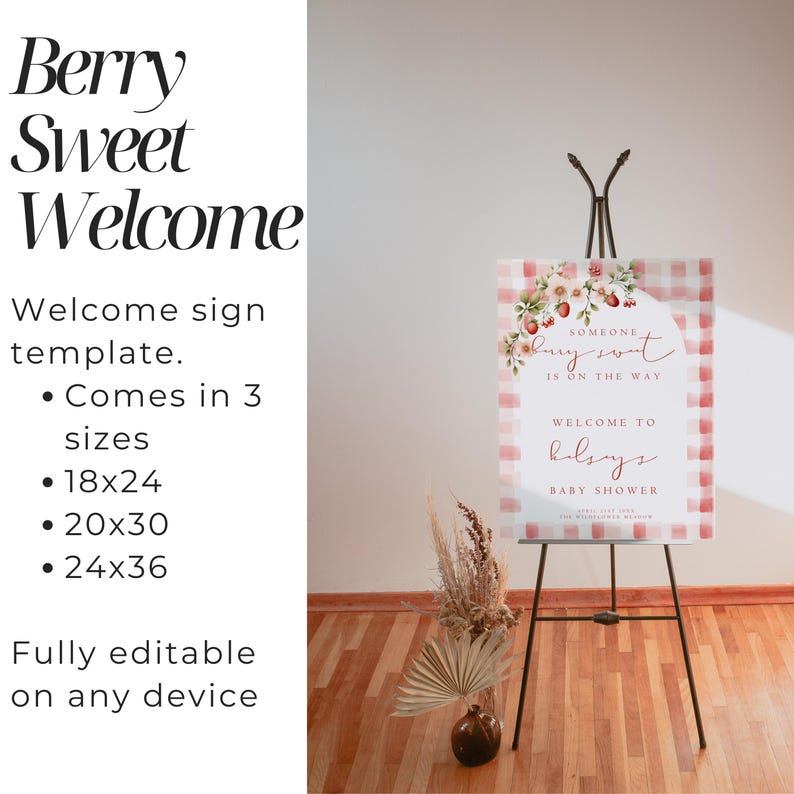 Berry Sweet Welcome Baby Shower Sign, Strawberry Instant Editable ...