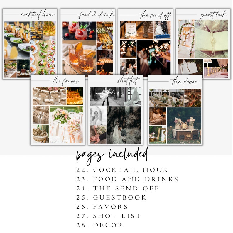 May include: A set of eight printable wedding planner pages with collage-style images of wedding details. The pages include: Cocktail Hour, Food and Drinks, The Send Off, Guest Book, Favors, Shot List, and Decor.