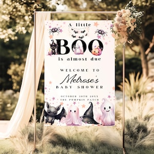 Placa de boas-vindas para chá de bebê A Little Boo rosa, Placa de boas-vindas para chá de bebê de Halloween rosa, Placa de boas-vindas para chá de bebê fantasma rosa