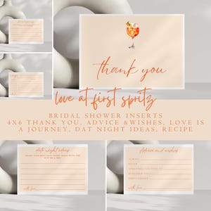 Carte de recette et carte de remerciement pour la douche nuptiale spritz « Love at First », carte de voeux et de conseils pour la douche nuptiale aux agrumes, douche nuptiale orange