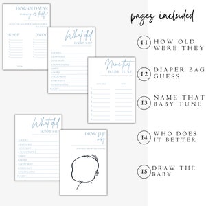 May include: A set of printable baby shower game cards with blue and white text. The games include "How Old Were They", "Diaper Bag Guess", "Name That Baby Tune", "Who Does It Better", and "Draw The Baby".