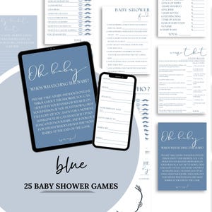 Blue Bow Baby Shower Games Bundle Blue Baby Shower Games Printable Oh Boy Baby Shower Games Printable Boy Baby Shower Games Bundle