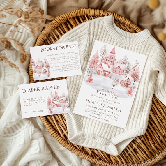Pink It Takes A Village Baby Shower Invitation, Girl Winter Baby Shower Invite