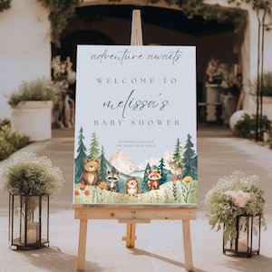 Woodland Baby Shower Welcome Sign, Adventure Awaits Baby Shower Sign, Forest Animal Baby Shower Welcome Poster, Rustic Baby Shower Sign