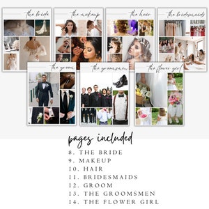 May include: A collage of images for a wedding album, showing the bride, groom, bridesmaids, groomsmen, and flower girl. The pages are labeled with the names of each person or group.