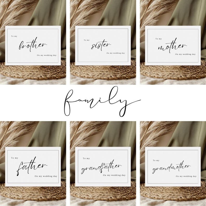 May include: Six white cards with black calligraphy on a beige background. The cards say "To my brother, On my wedding day", "To my sister, On my wedding day", "To my mother, On my wedding day", "To my father, On my wedding day", "To my grandfather, On my wedding day", and "To my grandmother, On my wedding day".