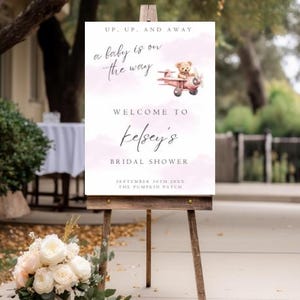 Up Up And Away Baby Shower Welcome Sign, Adventure Awaits Baby Shower, Vintage Airplane Teddy Bear Baby Shower Welcome Sign Template