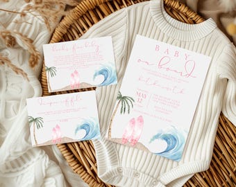 Pink Baby On Board Baby Shower Invitation Template, Pink Surf Board Baby Shower Invite, Girl Beach Themed Baby Shower Invite, Surfing Baby