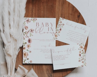 Baby i blom babyshowerinbjudan, babyshower med vildblommor, babyshower med blommig rosett