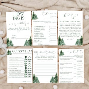 Gry dla niemowląt z motywem przygody, Zestaw gier na baby shower Winter Pine, Gry na baby shower z motywem choinki, Zestaw gier na baby shower o tematyce zimowej,