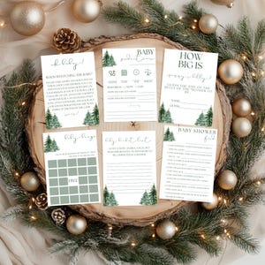Gry dla niemowląt z motywem przygody, Zestaw gier na baby shower Winter Pine, Gry na baby shower z motywem choinki, Zestaw gier na baby shower o tematyce zimowej,