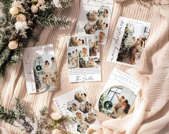 Könnte beinhalten: Fünf rechteckige Weihnachtskarten mit Familienfotos, festlichem Text und bogen- oder sechseckigen Fotorahmen. Die Karten zeigen den Text Merry Christmas und The Smith Family und sind auf einem strukturierten cremefarbenen Stoff angeordnet.