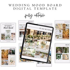 Plantilla de mood board para bodas, plantilla de planificador digital de bodas, tablero de visión para bodas, guía de diseño de temáticas para bodas, plantilla editable de Canva