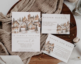 It Takes a Village Baby Shower Invitation, Christmas Winter Baby Shower, Neutral Editable Template