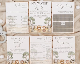 Paquete de juegos para baby shower estilo safari, baby shower en la jungla, juegos editables para baby shower estilo safari