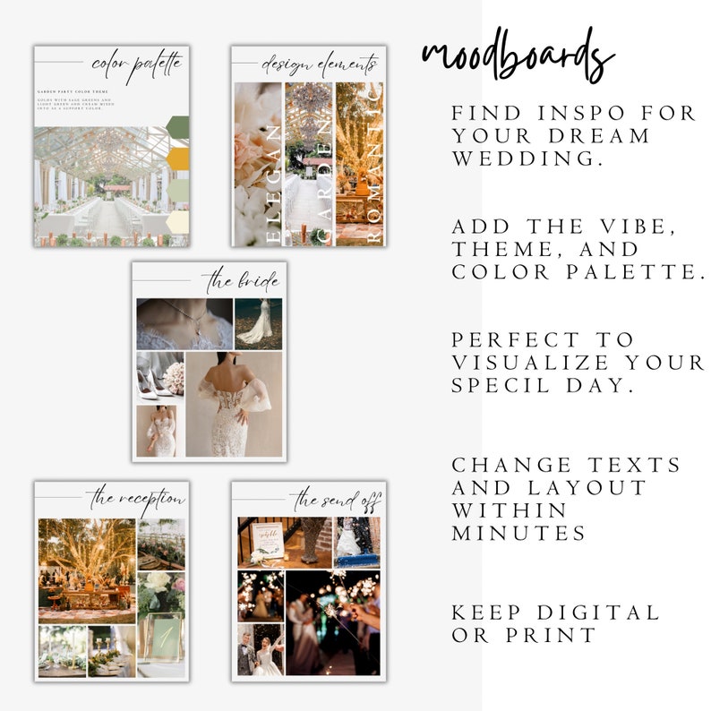 May include: A set of four mood boards for wedding planning. Each board features a different theme: the bride, the reception, the send off, and design elements. The boards include images, text, and color palettes.