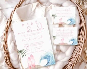Pink Baby On Board Baby Shower Invitation Template, Pink Surf Board Baby Shower Invite, Girl Beach Themed Baby Shower Invite, Surfing Baby