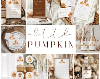 May include: A collage of baby shower decorations with a pumpkin theme. Includes a welcome sign, invitation cards, cupcake toppers, champagne bottles, and a water bottle. The color scheme is neutral with brown and orange accents.