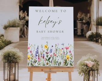 Mały dziki kwiat w drodze Szablon znaku powitalnego Baby In Bloom Znak powitalny do pobrania cyfrowego Kwiatowy plakat powitalny na baby shower