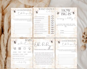 Peut inclure: Ensemble de six cartes de jeux pour une baby shower avec des motifs d'abeilles et de nids d'abeilles. Les jeux incluent "Devinez ce qu'il y a dans le sac à couches", "Qui fait quoi" et "Quelle est la taille du ventre du bébé ?".