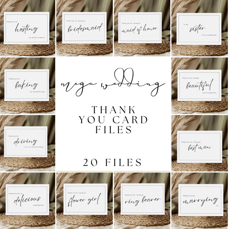 May include: A set of 20 printable thank you cards for a wedding. The cards feature a simple design with black text on a white background. The text on the cards includes phrases like "Thank you for being my bridesmaid", "Thank you for being my maid of honor", and "Thank you for marrying us".