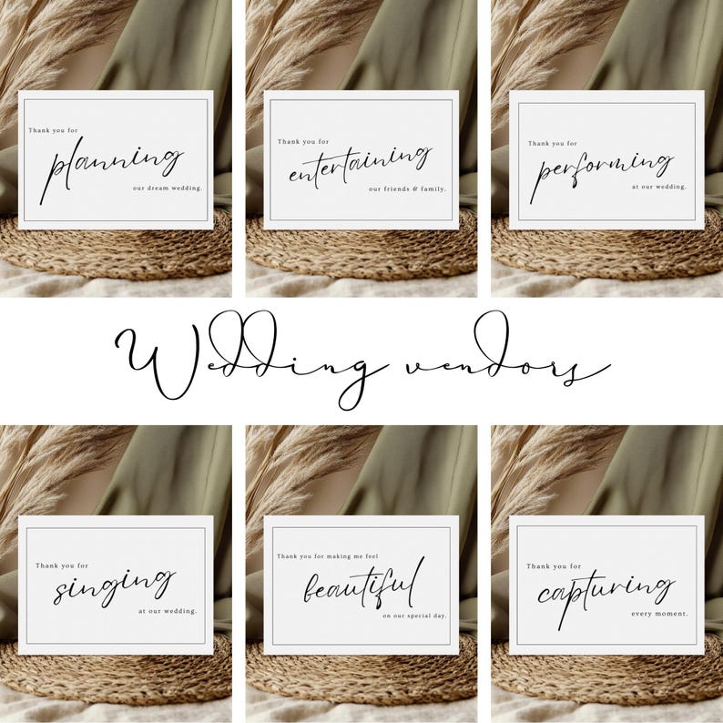 May include: Six white cards with black text on a brown woven surface. The cards thank wedding vendors for planning, entertaining, performing, singing, making the bride feel beautiful, and capturing every moment.