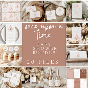 Puede incluir: Un paquete de imprimibles para baby shower con temática de cuento de hadas. El paquete incluye 20 archivos con diseños que presentan un castillo rosa, un libro y el texto "Érase una vez".