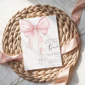 Pink Bow First Birthday Invitation: Coquette Girl 1st Birthday Invite Template