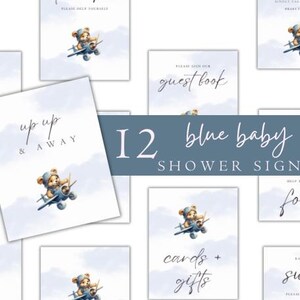 Blue Up Up And Away Baby Shower Table Top Signs, Teddy Bear Baby Boy Shower Table Signs, Vintage Airplane Boy Baby Shower Table Top Signs