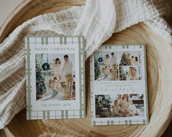 May include: Two Christmas cards with family photos, featuring a green and white grid design. The cards read "MERRY CHRISTMAS" and "THE SMITHS 20XX". One card includes the text "Wishing you a warm and cozy holiday season. Sending much love, the sweet family."