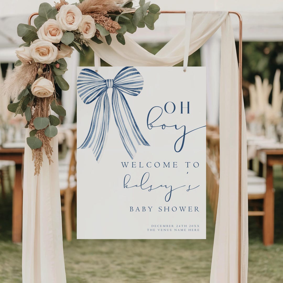Blue Bow Baby Shower Welcome Sign, Blue Boy Baby Shower Welcome Sign ...