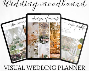 Puede incluir: Un tablero de inspiración de bodas digital mostrado en tres tabletas, con secciones tituladas Wedding moodboard, The ceremony, Design elements y Color palette. El planificador incluye 28 páginas de inspiración con imágenes de arreglos florales, candelabros y jardines.