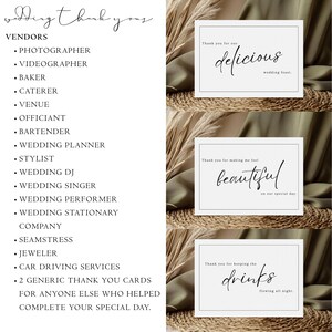 May include: Three white cards with black text. The top card says "Thank you for our delicious wedding feast." The middle card says "Thank you for making me feel beautiful on our special day." The bottom card says "Thank you for keeping the drinks flowing all night."