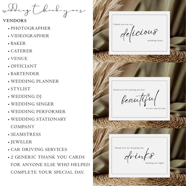 May include: Three white cards with black text. The top card says "Thank you for our delicious wedding feast." The middle card says "Thank you for making me feel beautiful on our special day." The bottom card says "Thank you for keeping the drinks flowing all night."