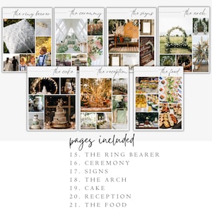May include: A collage of images showcasing different aspects of a wedding, including the ring bearer, ceremony, signs, arch, cake, reception, and food. The images are arranged in a grid format with text labels above each image.