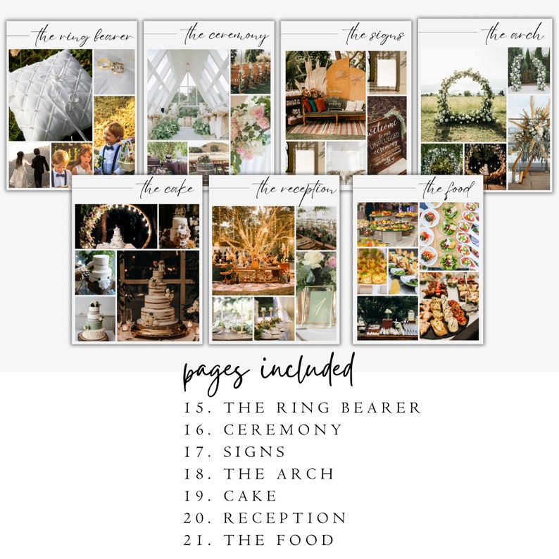 May include: A collage of images showcasing different aspects of a wedding, including the ring bearer, ceremony, signs, arch, cake, reception, and food. The images are arranged in a grid format with text labels above each image.
