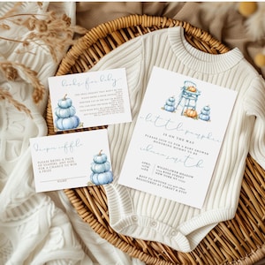 Invitación editable para baby shower "La pequeña calabaza azul está en camino", invitación para baby shower de otoño azul, invitación imprimible de calabaza azul polvorienta