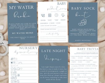 Dusty Blue Baby Shower Game Bundle, Printable Templates
