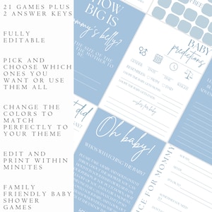 May include: A blue and white printable baby shower game set with the text "How Big Is Mommy's Belly?" and "Baby Predictions". The games are designed for a baby shower and include questions about the baby's gender, date of birth, time of birth, weight, and wishes for the baby.