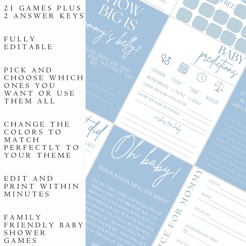 May include: A blue and white printable baby shower game set with the text "How Big Is Mommy's Belly?" and "Baby Predictions". The games are designed for a baby shower and include questions about the baby's gender, date of birth, time of birth, weight, and wishes for the baby.