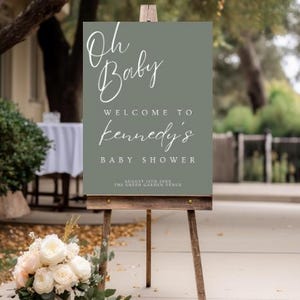 Sage Oh Baby-Babyparty-Willkommensschild, Sage Minimalist-Babyparty-Willkommensschild-Vorlage, Sage Green Editierbares Willkommensplakat