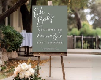 Sage Oh Baby Baby Shower Welcome Sign, Sage Minimalist Baby Shower Welcome Sign Template, Sage Green Editable Welcome Poster