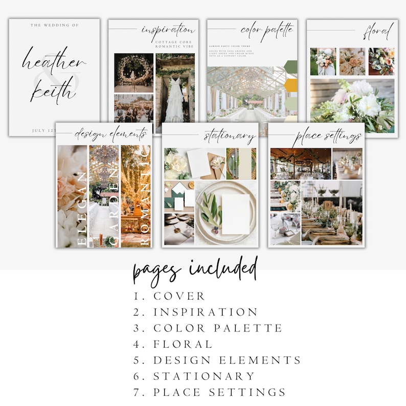 May include: A wedding invitation suite design inspiration board with seven pages. The pages include a cover, inspiration, color palette, floral, design elements, stationary, and place settings. The theme is a romantic garden wedding with a cottage core aesthetic.